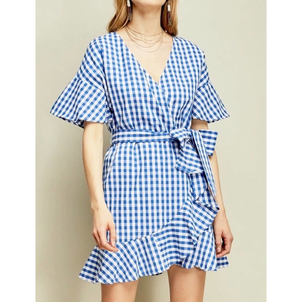NWT MAX STUDIO Women Short Sleeve Blue/ Cream Gingham Ruffle Wrap Dress Size XS